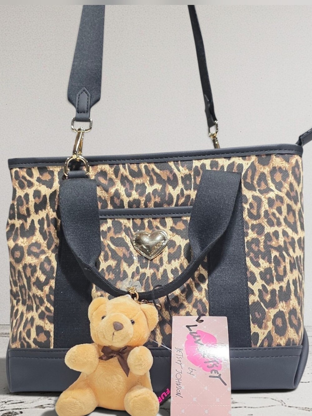 Leopard Print Tote Bag with Teddy Charm - Black Trim